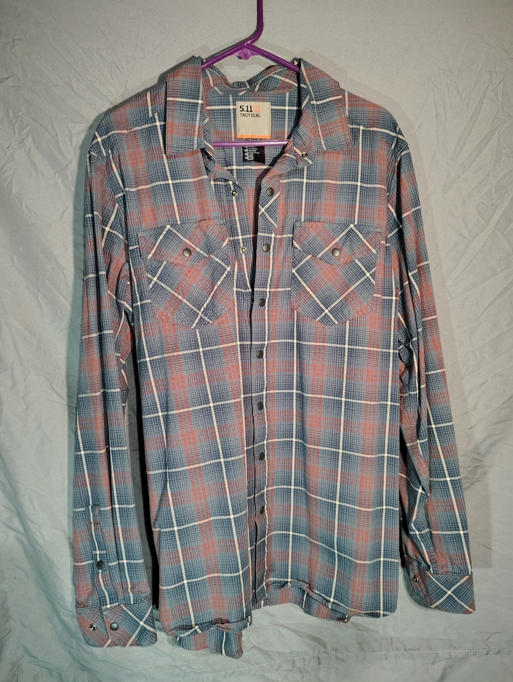 5.11 Tactical Men’s Gray & Red Plaid Long-Sleeve Button-Down Shirt Classic Fit